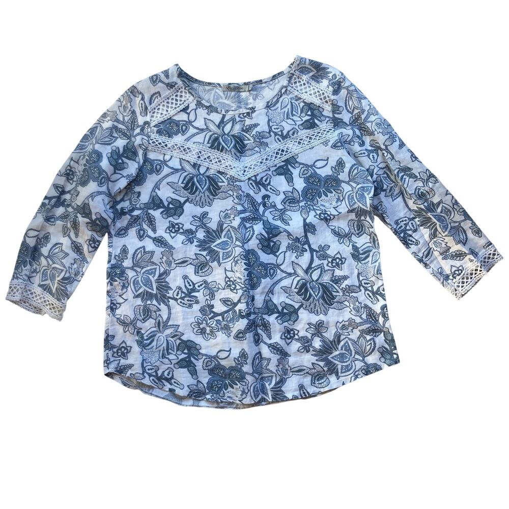 Elena Baldi Floral Lace Trim Linen Blouse Size L Coastal Cottage Feminine